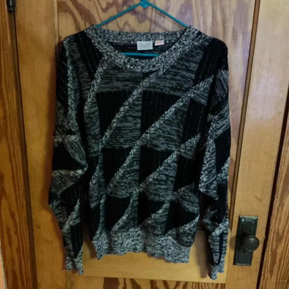 Vintage 80s Black Gray Geometric Sweater Retro Oversized Knit Unisex